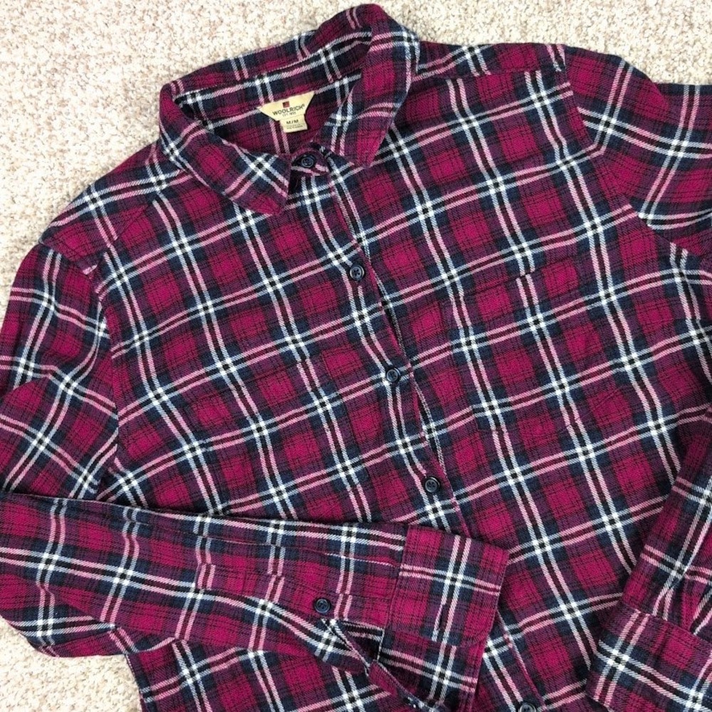 Woolrich Womens M Burgundy Blue‎ Plaid Cotton Flannel Button Down Shirt HLT0669S